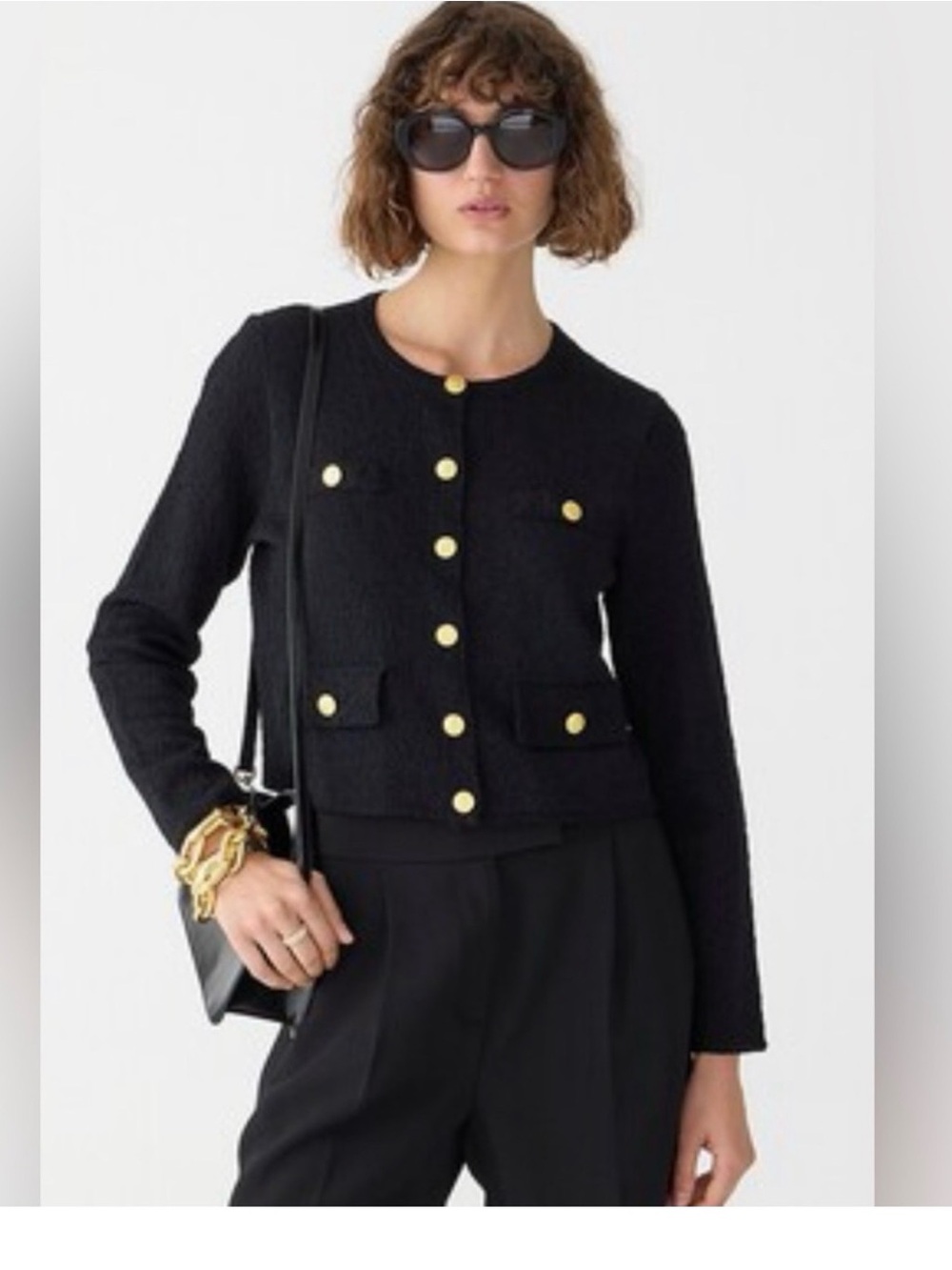 J. Crew Black Cropped Bouclé Jacket with Gold Buttons